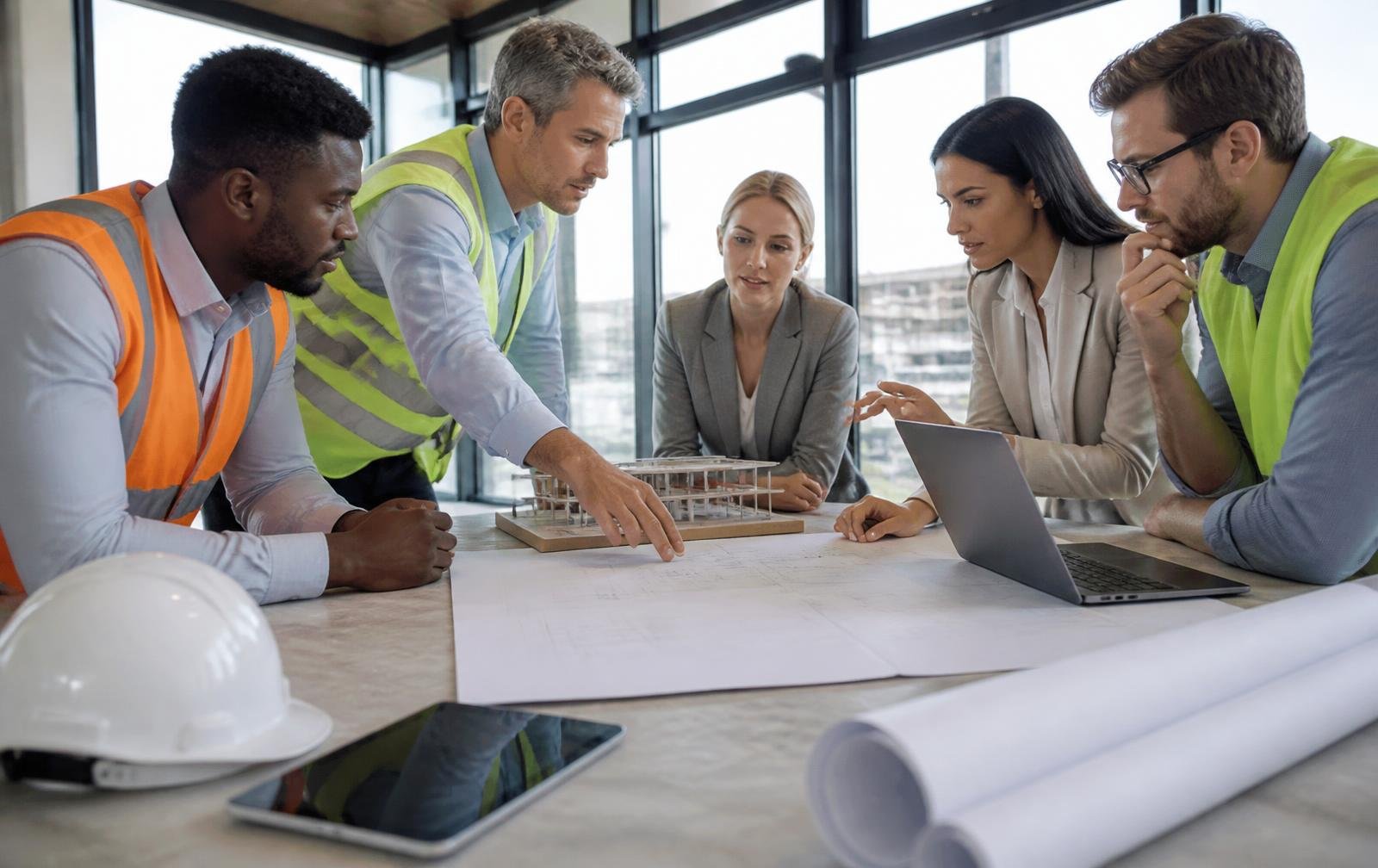 Construction drawings with quantity takeoff markup, scale ruler and estimate spreadsheet