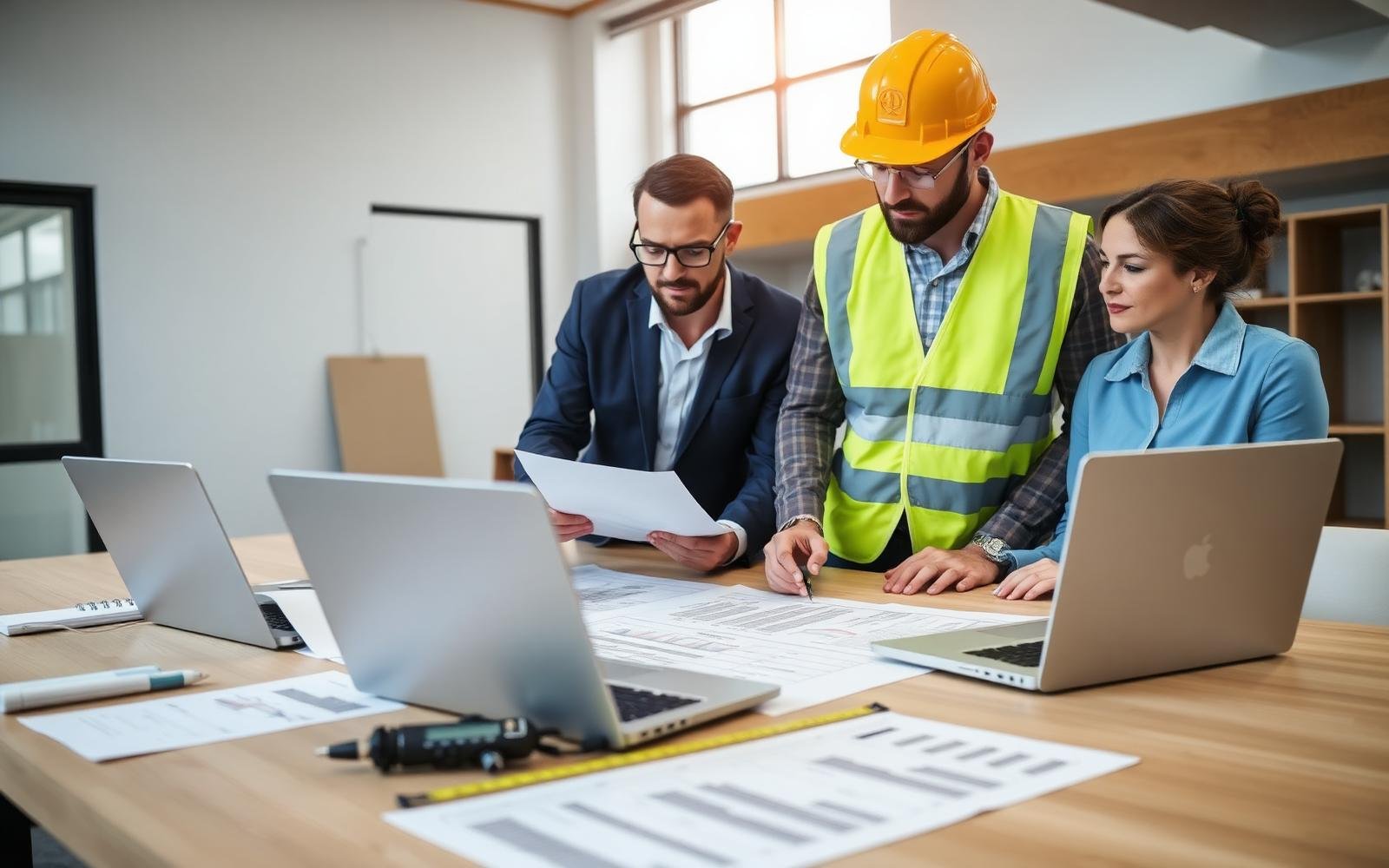 Estimator Expert quantity surveyors and engineers reviewing drawings and cost spreadsheets