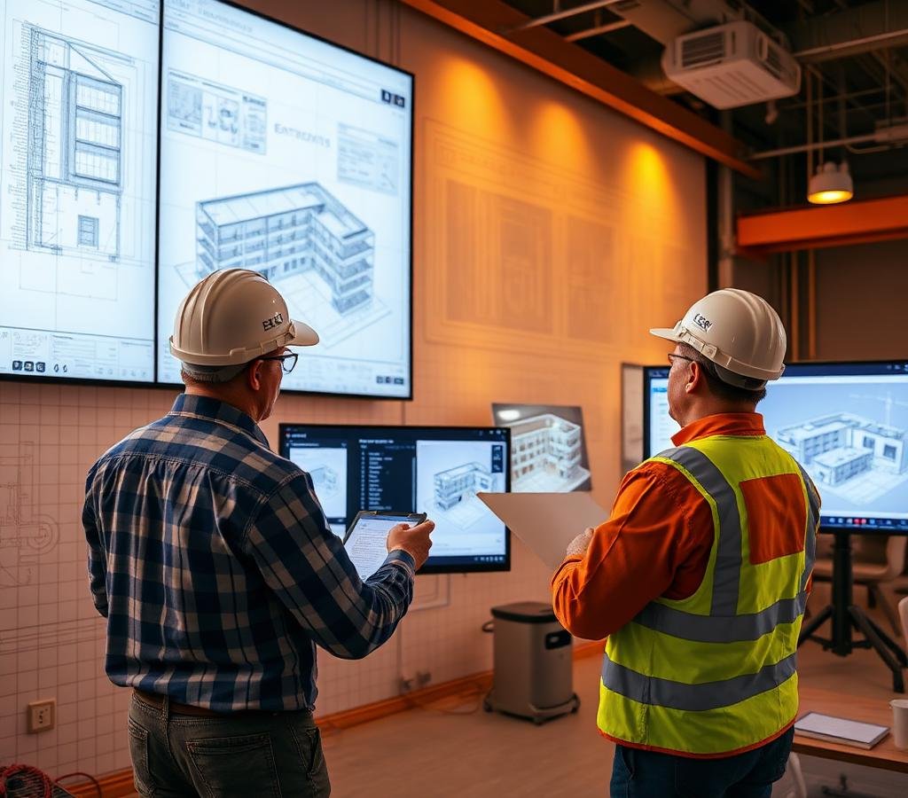 BIM estimators reviewing a detailed 3D building information model on large monitors in a modern construction office