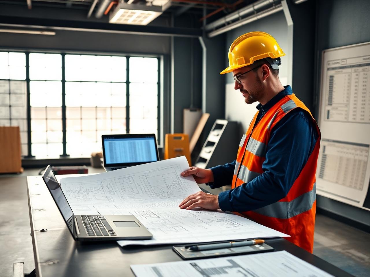 Blueprint estimator reviewing construction plans and cost spreadsheets