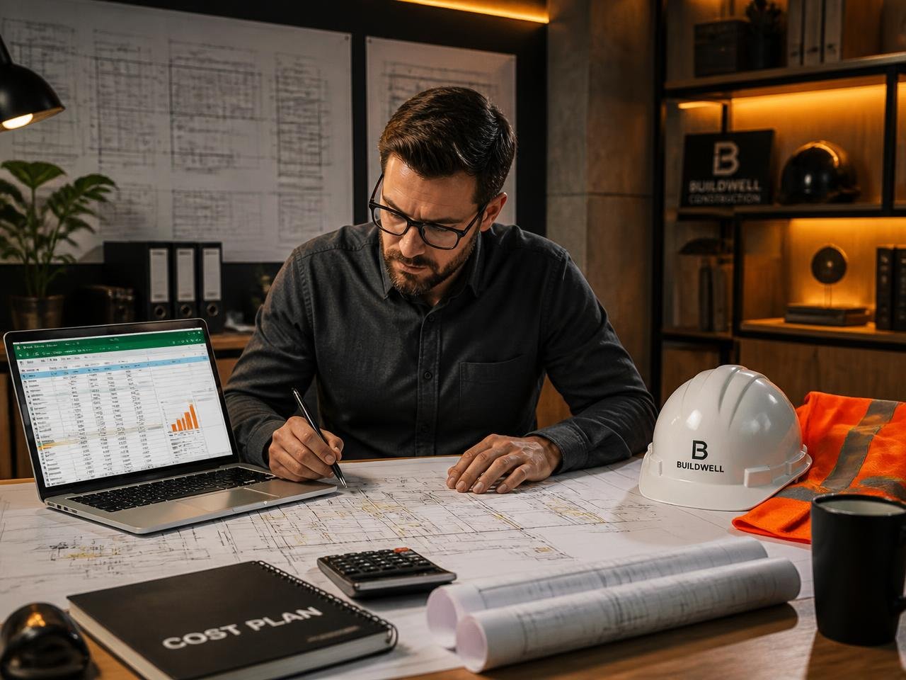 Budget estimator reviewing construction cost plans and spreadsheets on a laptop