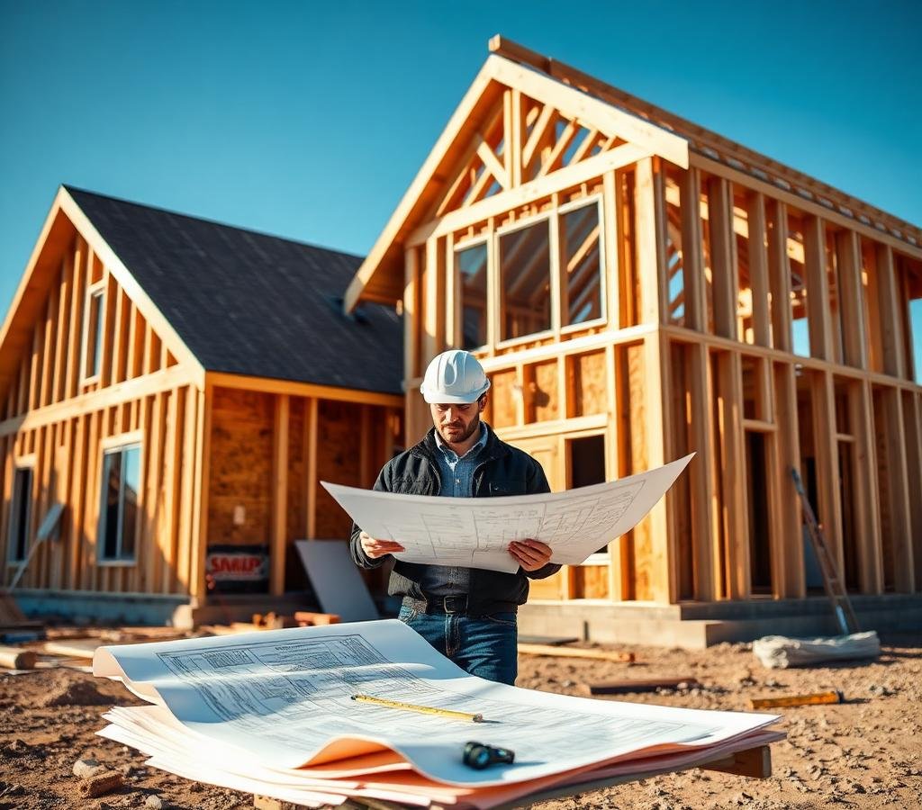 Residential home under construction with framing, blueprints and an estimator reviewing plans