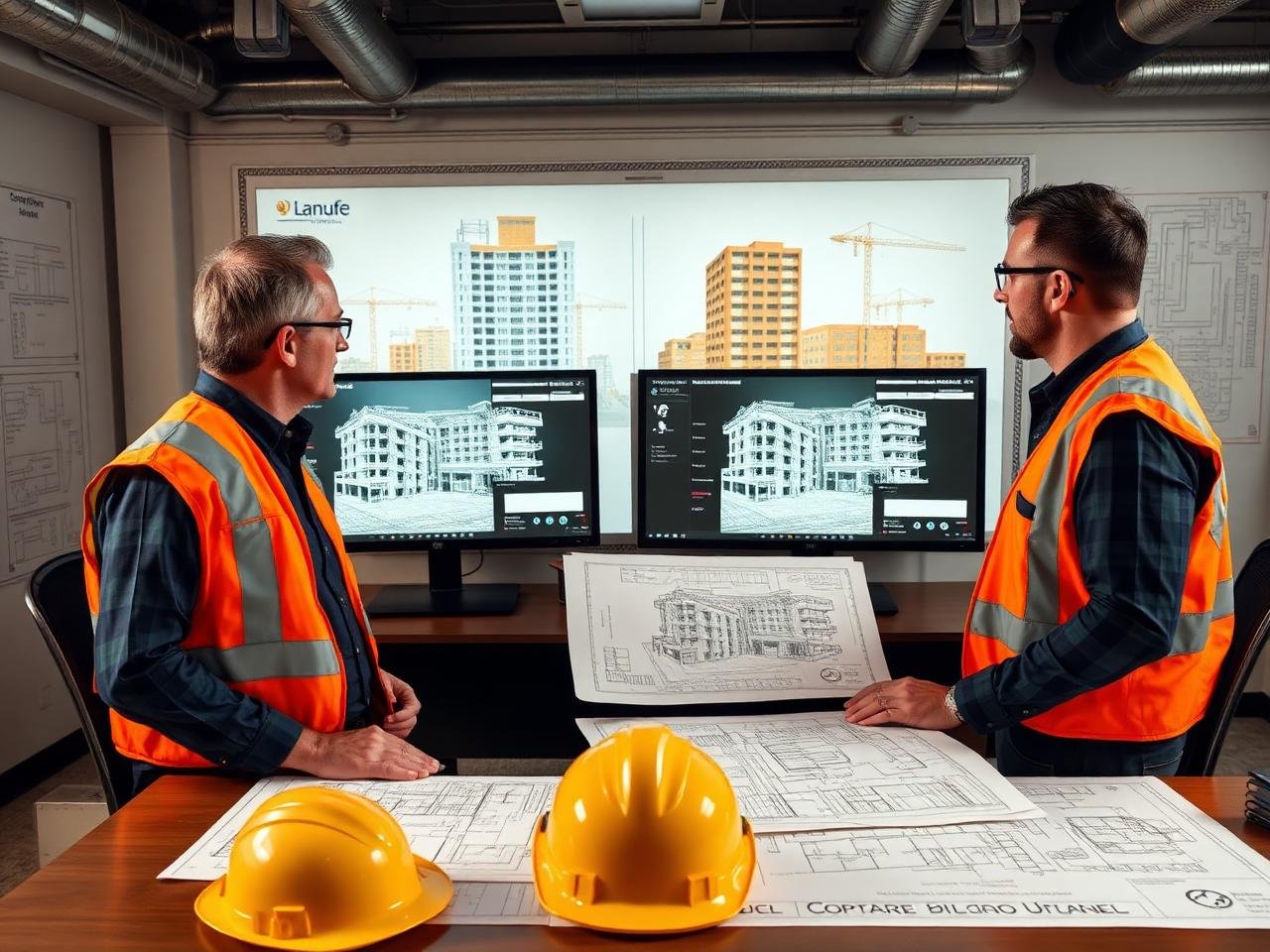 Estimator reviewing commercial building blueprints with digital takeoff software