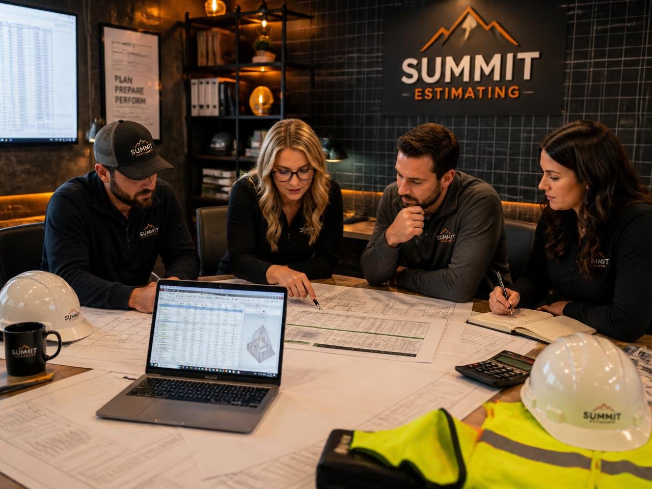 Construction estimators reviewing blueprints and material takeoff spreadsheets
