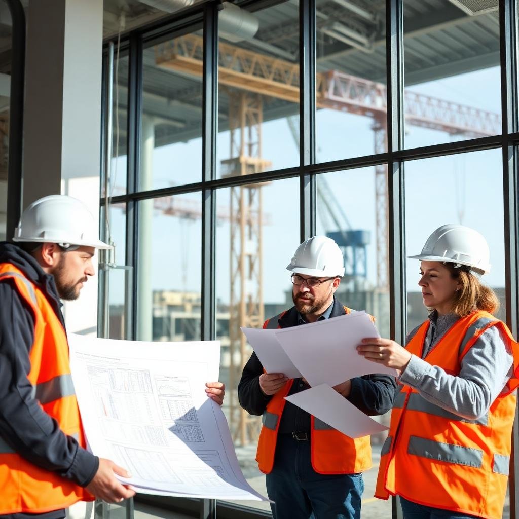 Construction managers reviewing blueprints at a project site office