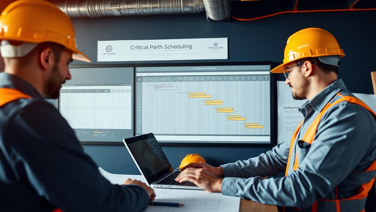 CPM scheduling consultants planning a critical path timeline on a Gantt chart