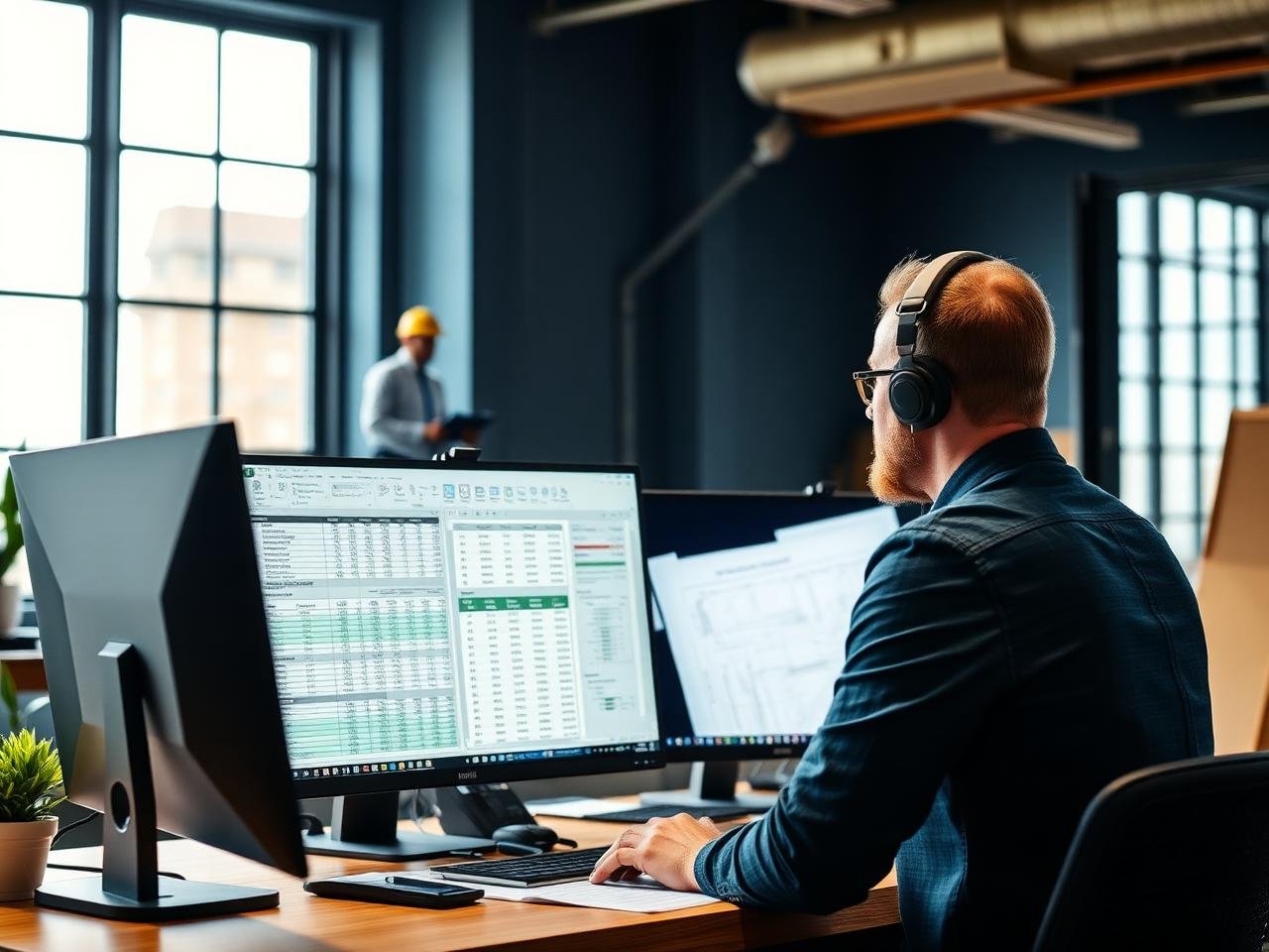 Dedicated construction estimator working on detailed cost estimates across dual monitors