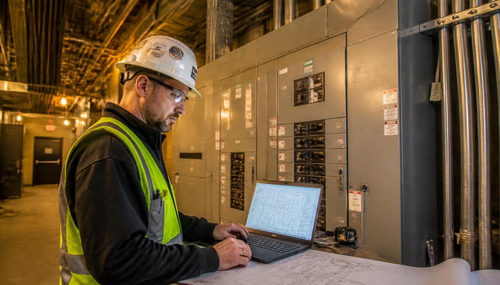 Electrical estimator reviewing single-line drawings beside a switchgear panel