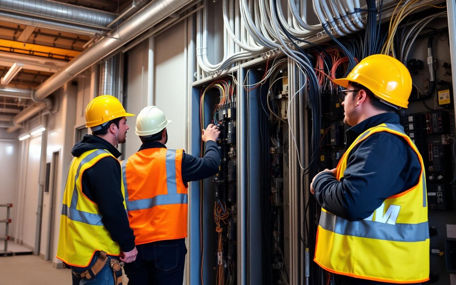 Electricians reviewing a commercial electrical panel and conduit installation