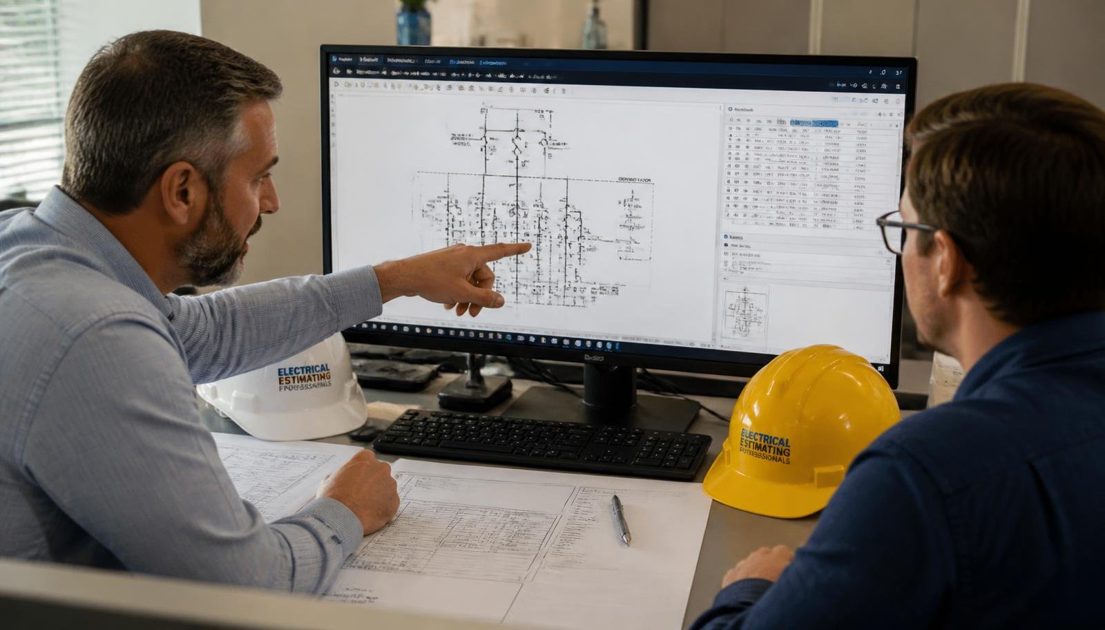 Two electrical estimators reviewing single-line drawings and takeoff software on screen