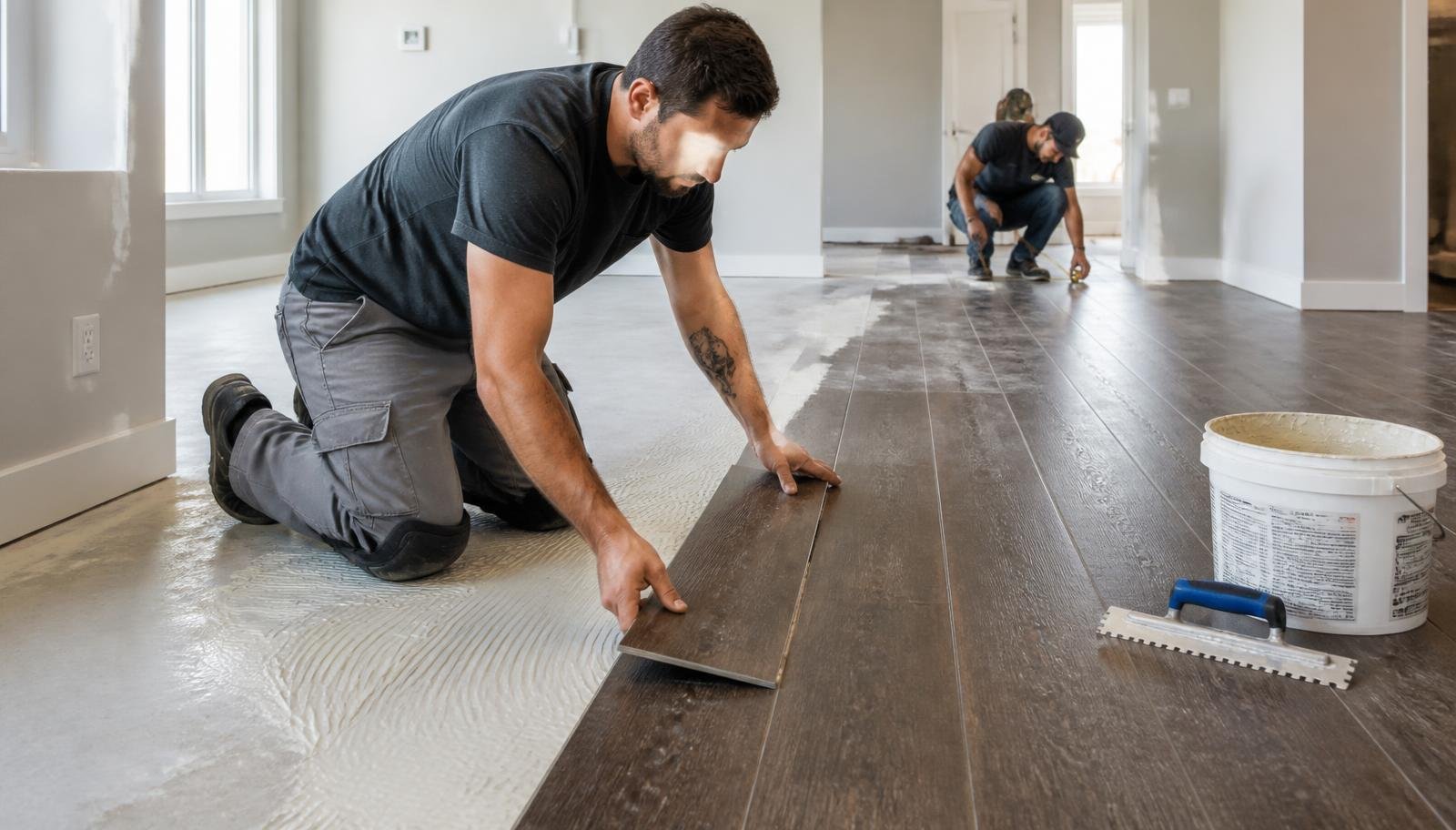 Flooring installer laying luxury vinyl plank flooring in a bright interior room