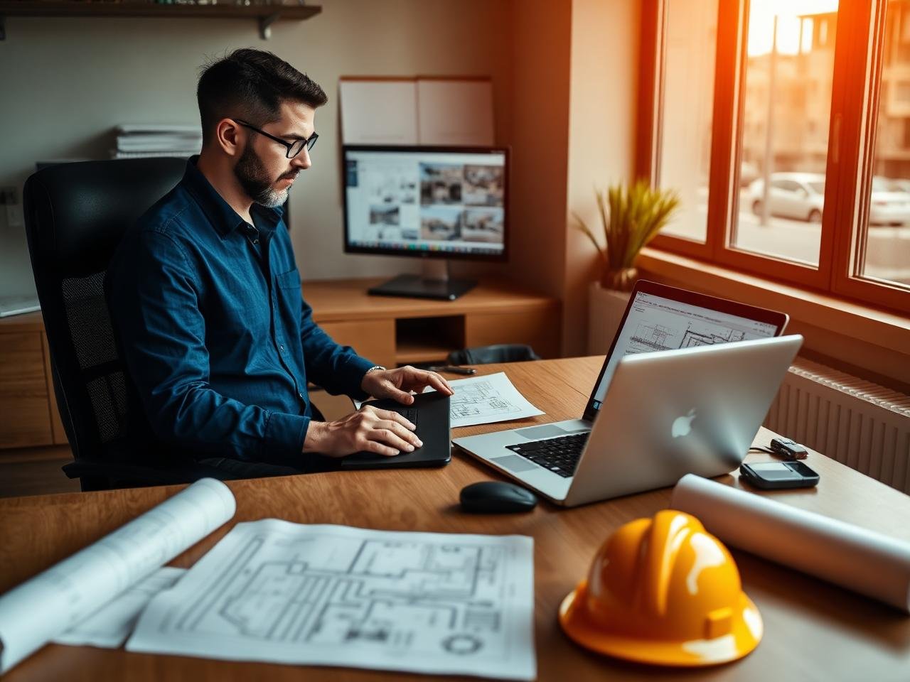 Freelance construction estimator reviewing blueprints and takeoff software at a desk