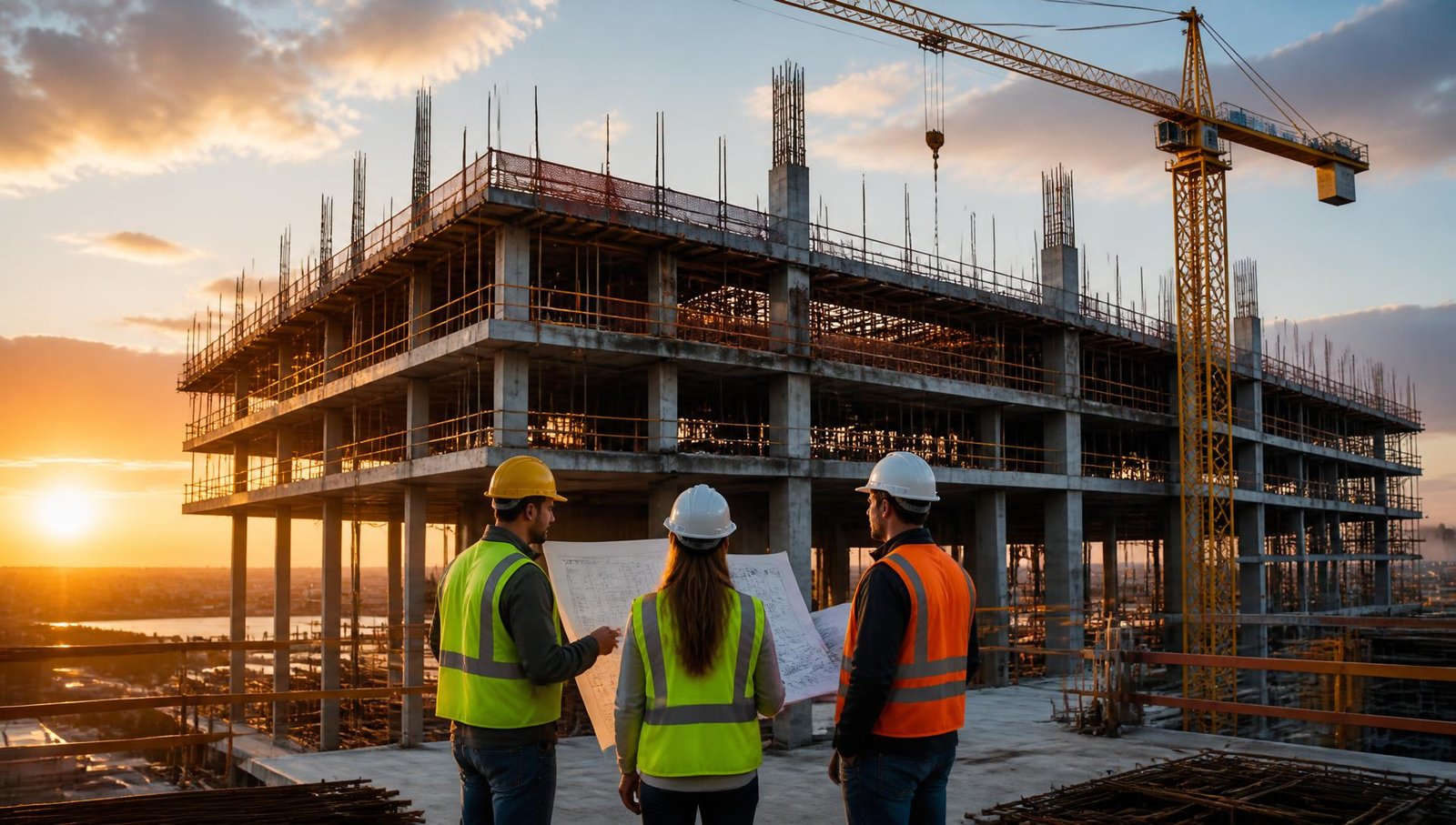 Commercial construction site at dusk with steel frame, tower crane and concrete formwork
