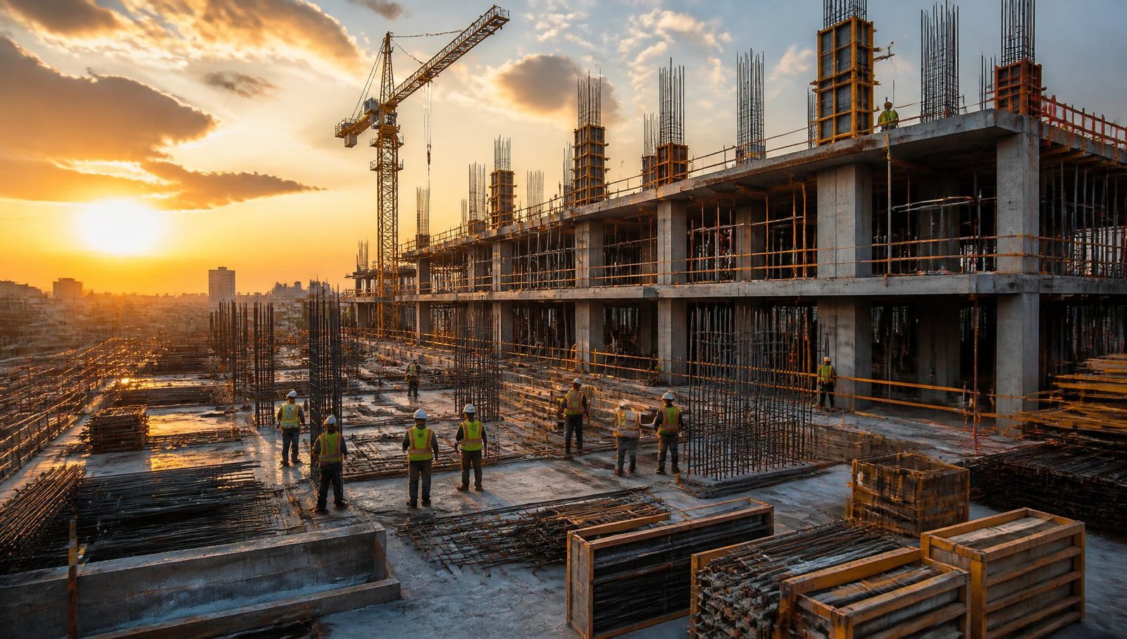 Concrete building under construction at golden hour with rebar, formwork and crews