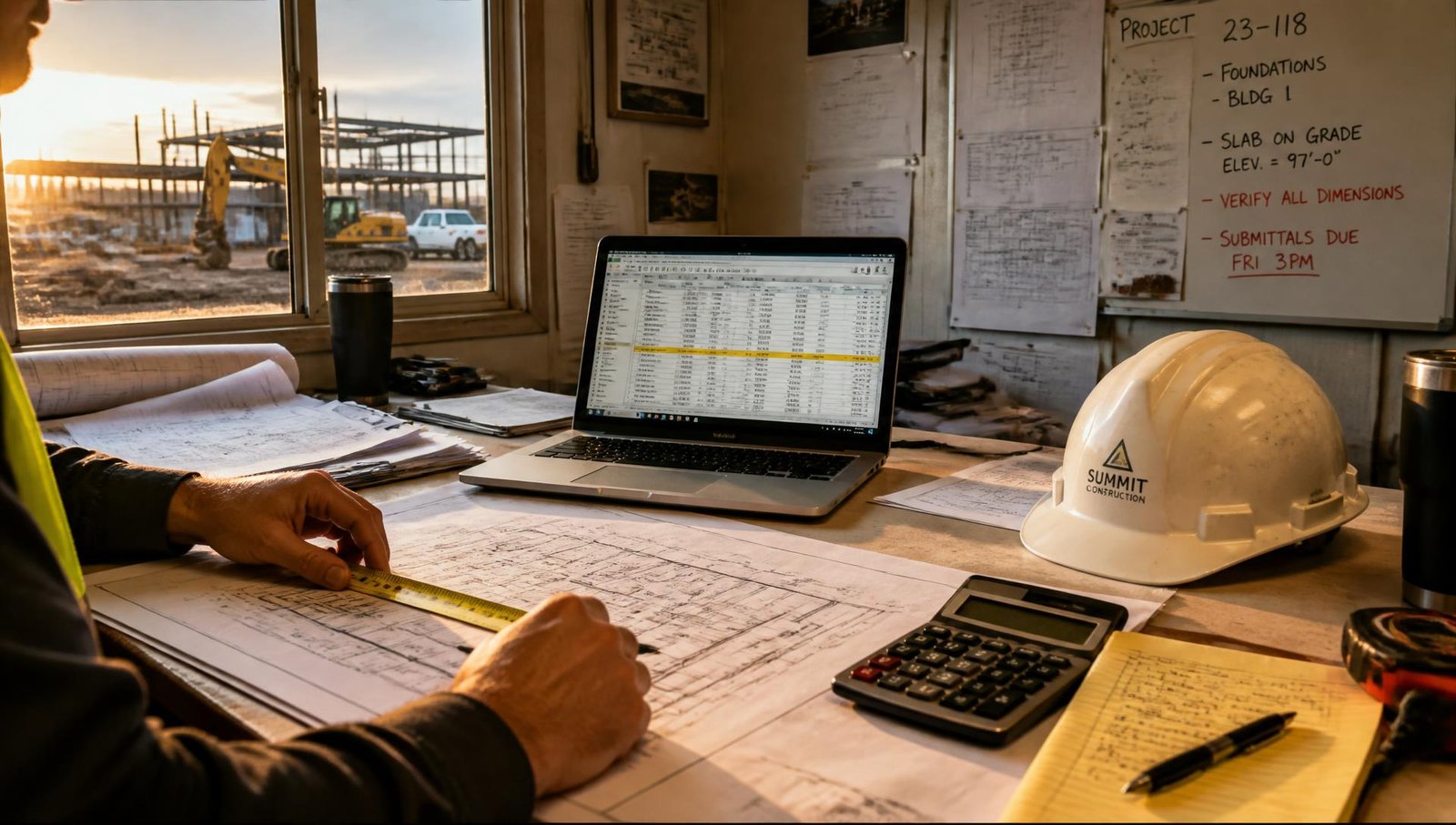 Estimator measuring construction drawings beside a laptop takeoff spreadsheet