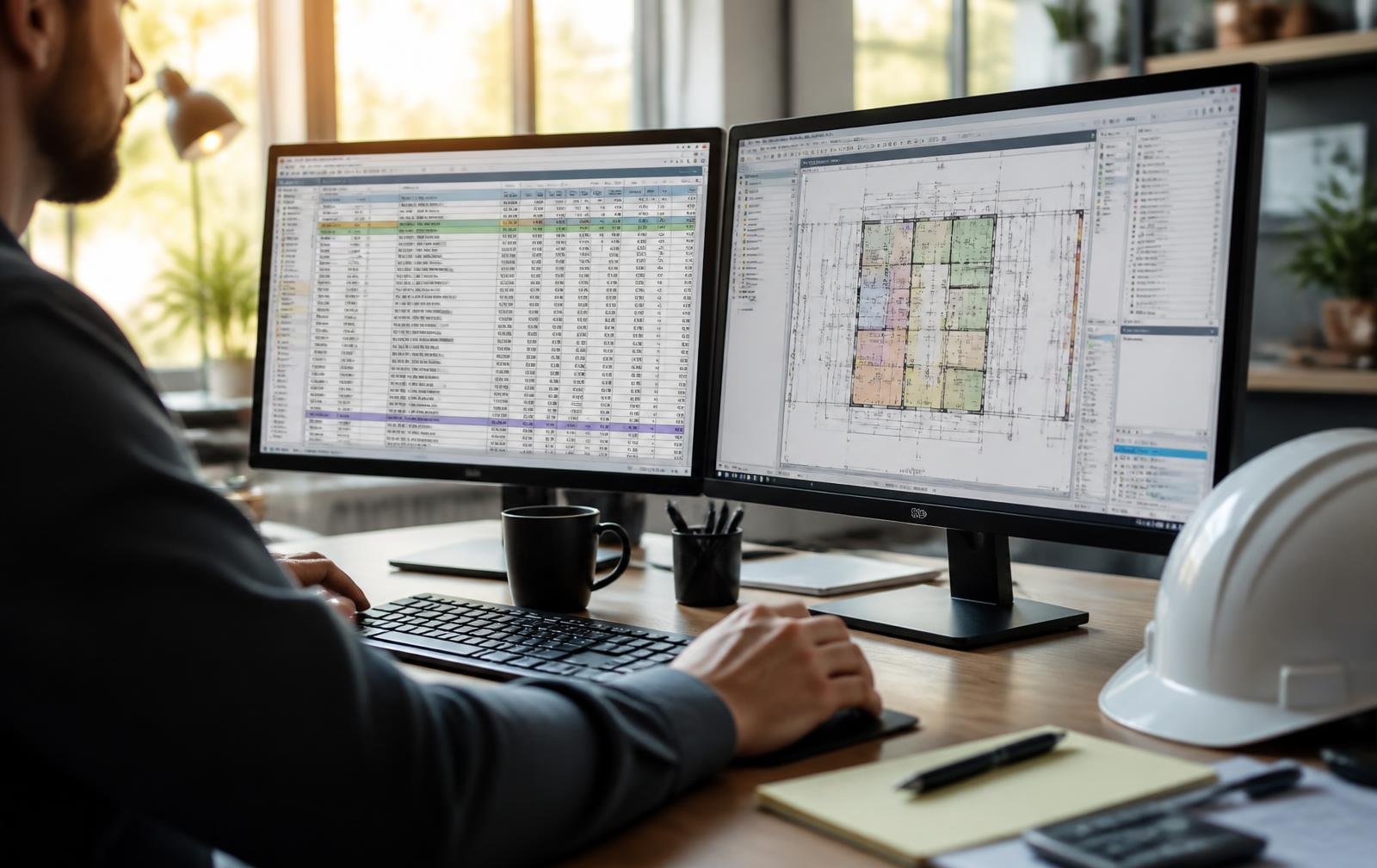 Estimator marking up construction blueprints with quantity takeoff measurements