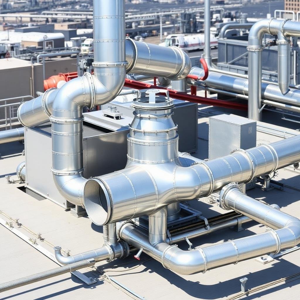 HVAC ductwork and mechanical piping on a commercial rooftop