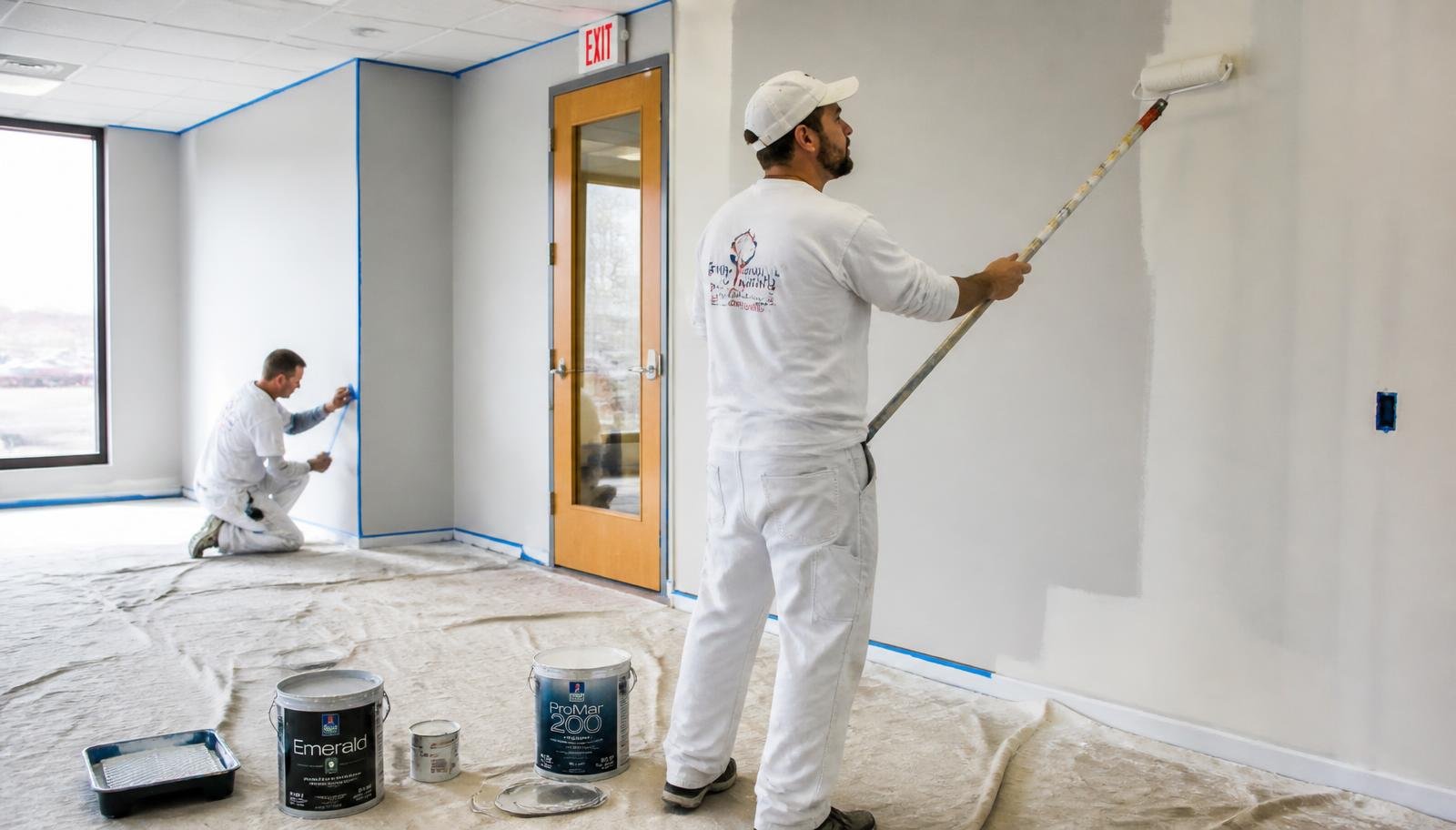 Professional painters rolling paint onto interior walls of a commercial space