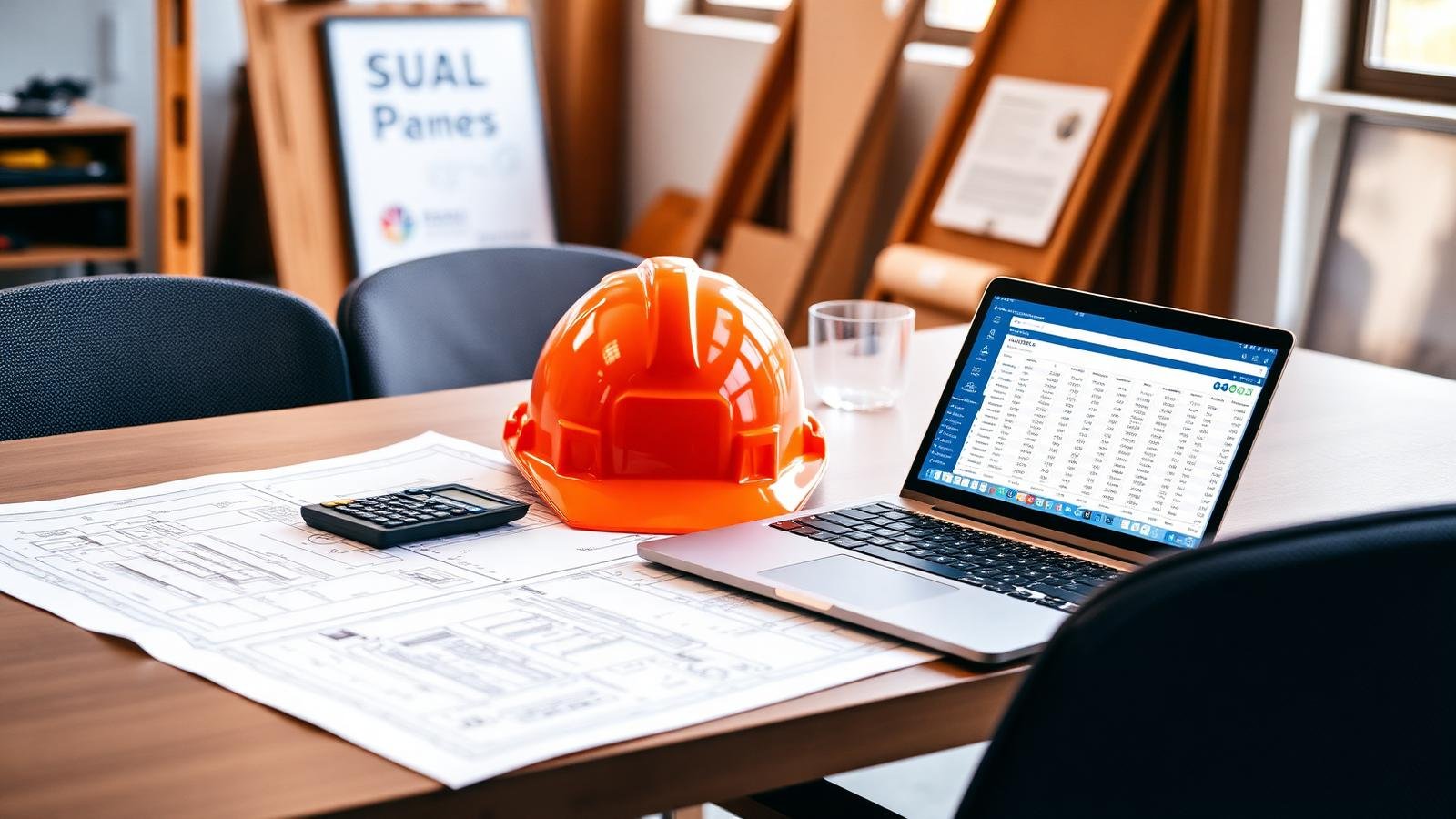 Estimator preparing a preliminary cost estimate from blueprints and a laptop with cost analysis