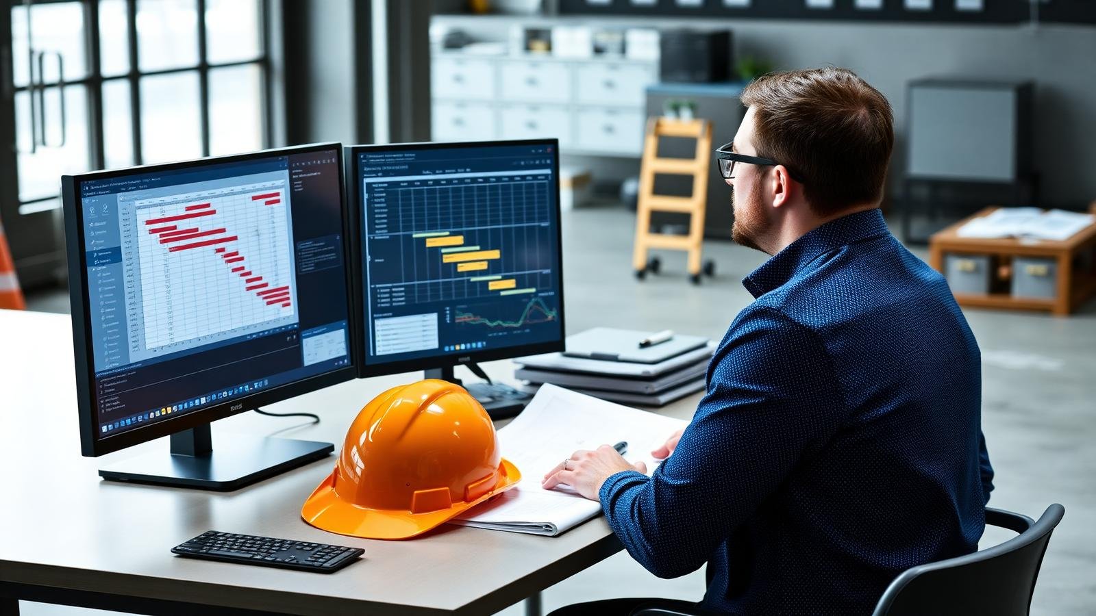 Primavera P6 scheduling consultant analyzing a Gantt chart and activity network diagram