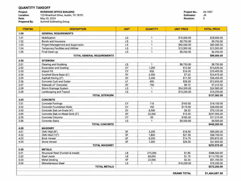 Detailed Estimate Workbook sample deliverable