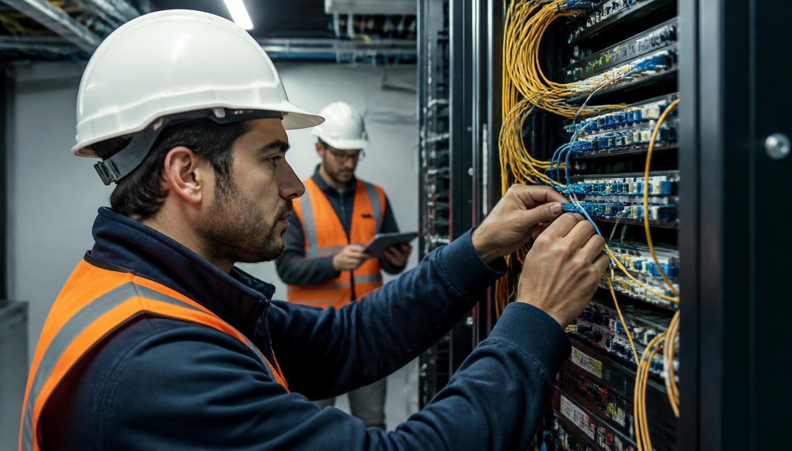 Telecom technician terminating fiber optic cabling in a structured cabling rack