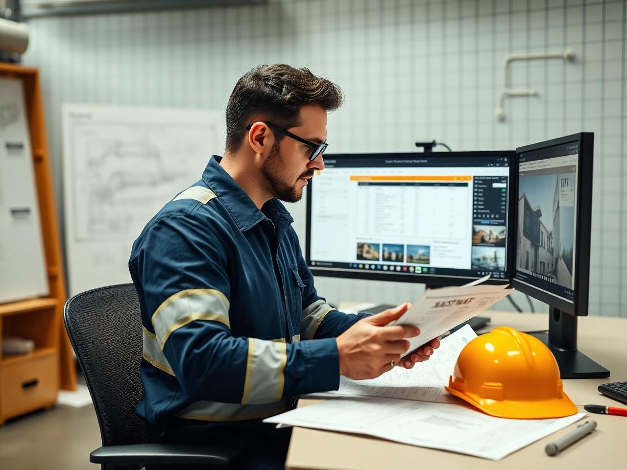 Xactimate estimator reviewing insurance damage claim documents on dual monitors
